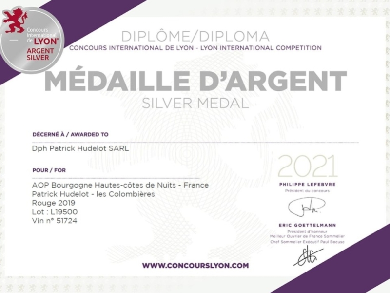 Médaille d'Argent - Concours International de Lyon pour la Cuvée Les Colombières